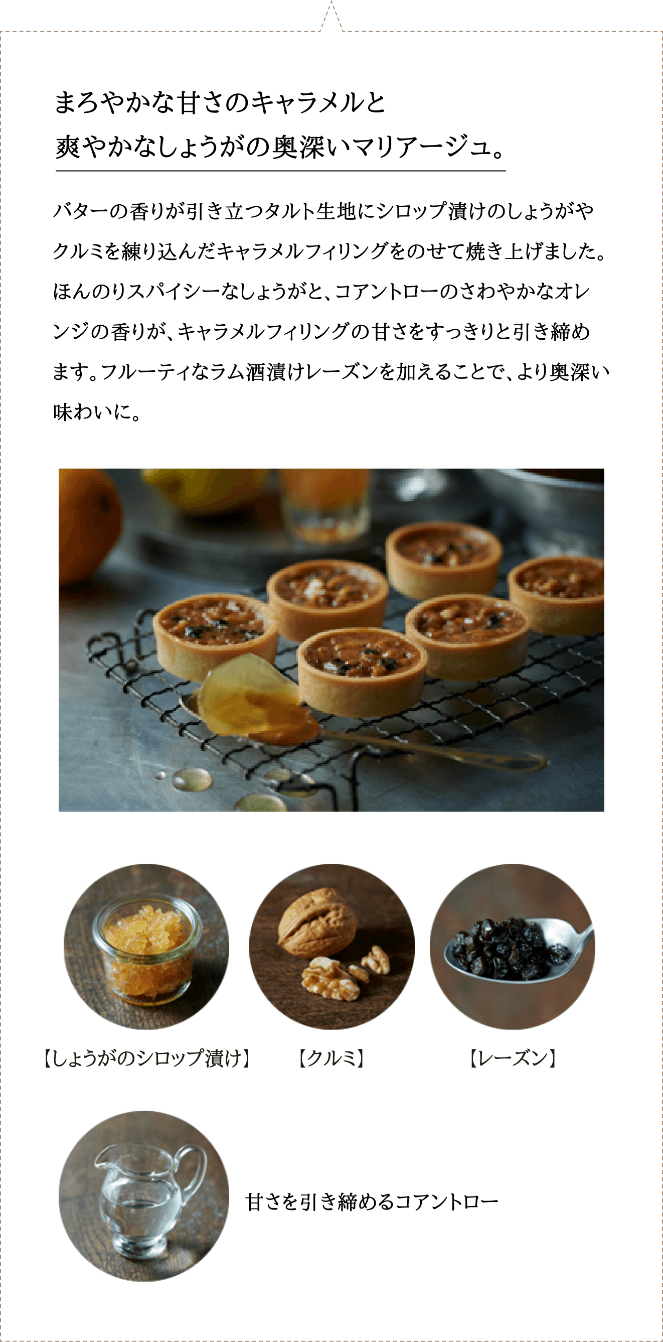 バターの香りが引き立つタルト生地にシロップ漬けのしょうがやクルミを練り込んだキャラメルフィリングをのせて焼き上げました。ほんのりスパイシーなしょうがと、コアントローのさわやかなオレンジの香りが、キャラメルフィリングの甘さをすっきりと引き締めます。フルーティなラム酒漬けレーズンを加えることで、より奥深い味わいに。