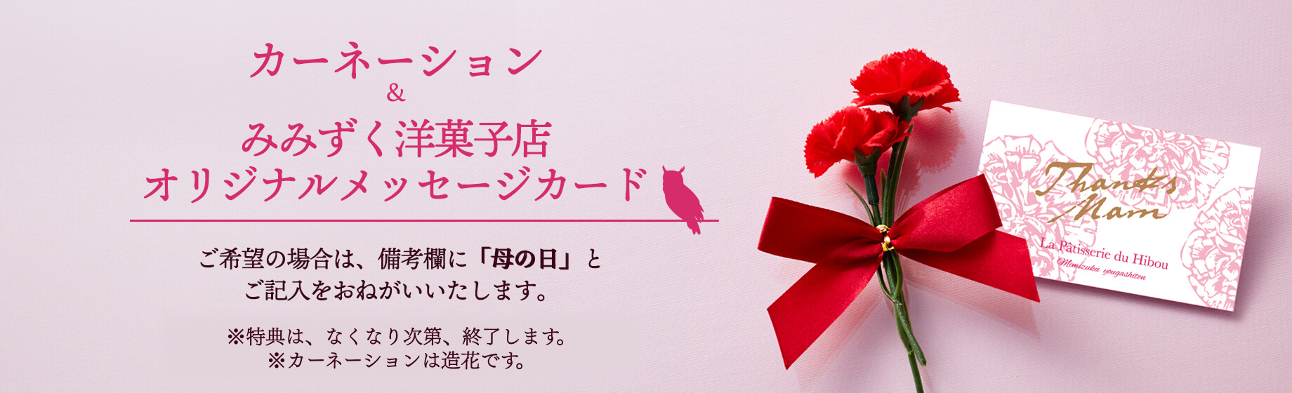 カーネーションとオリジナルメッセージカードをプレゼント！ご希望の場合は、備考欄に「母の日」とご記入をお願いいたします。