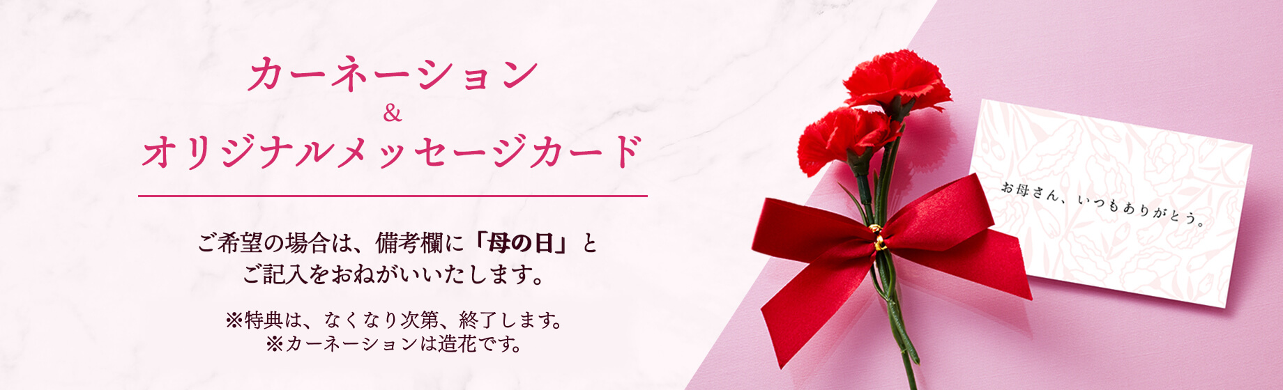 カーネーションとオリジナルメッセージカードをプレゼント！ご希望の場合は、備考欄に「母の日」とご記入をお願いいたします。